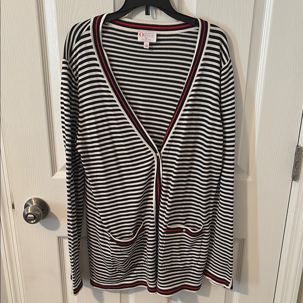 Talbots Black and White Striped Cardigan Sweater